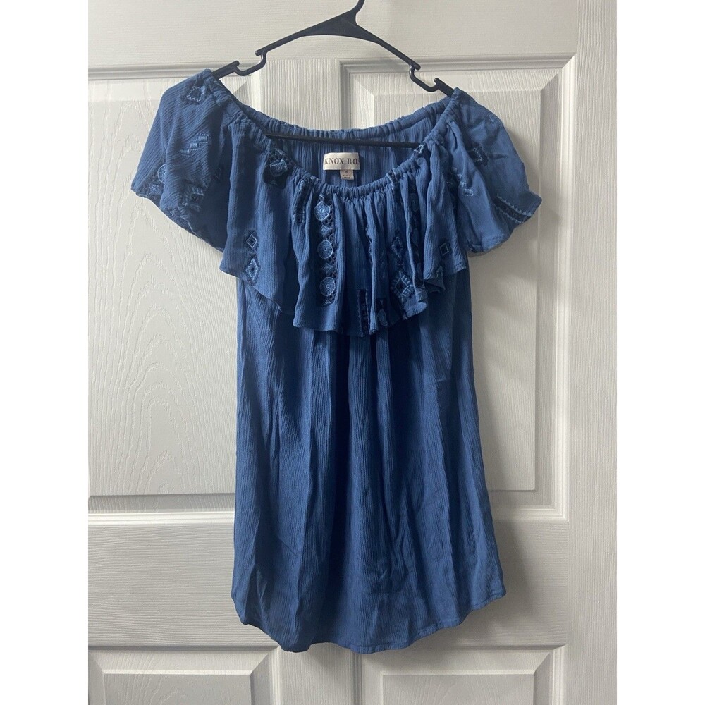 Knox Rose off the Shoulder Top Womens Medium Blue Embroidered Ruffle Long Boho